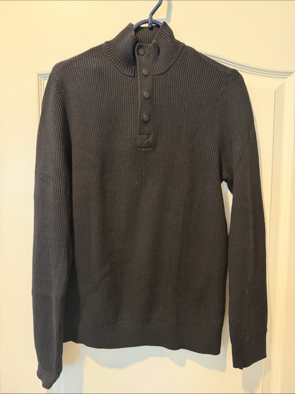 Express Men's Black Ribbed Knit Half Zip and Button Sweater